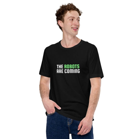 Product mockup photo of the The Robots Are Coming (Green) T Shirt 2 (unisex).