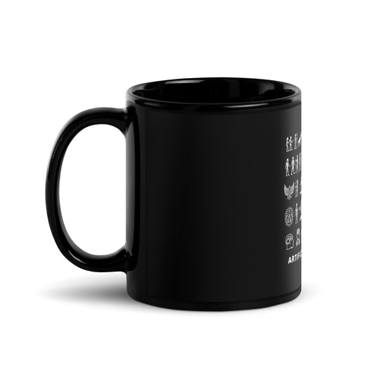 Image of the The Story of AI in Hieroglyphs Black Glossy Mug.