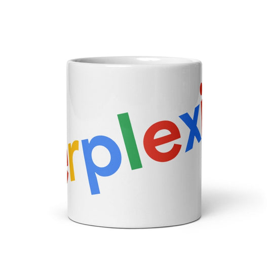 Image of the Tilted Perplexity Search Logo on White Glossy Mug.