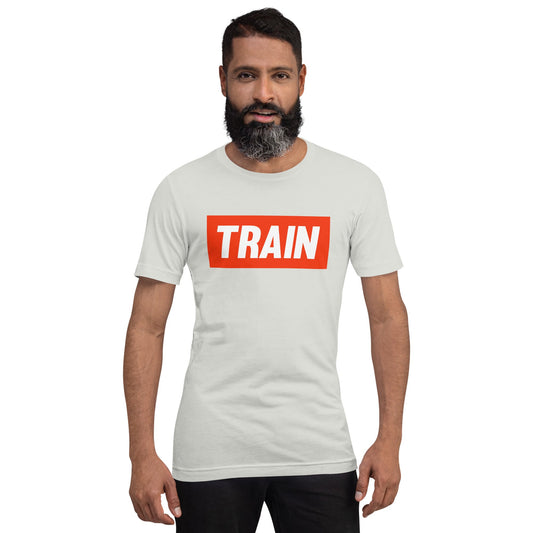 Product mockup photo of the TRAIN T Shirt (unisex).