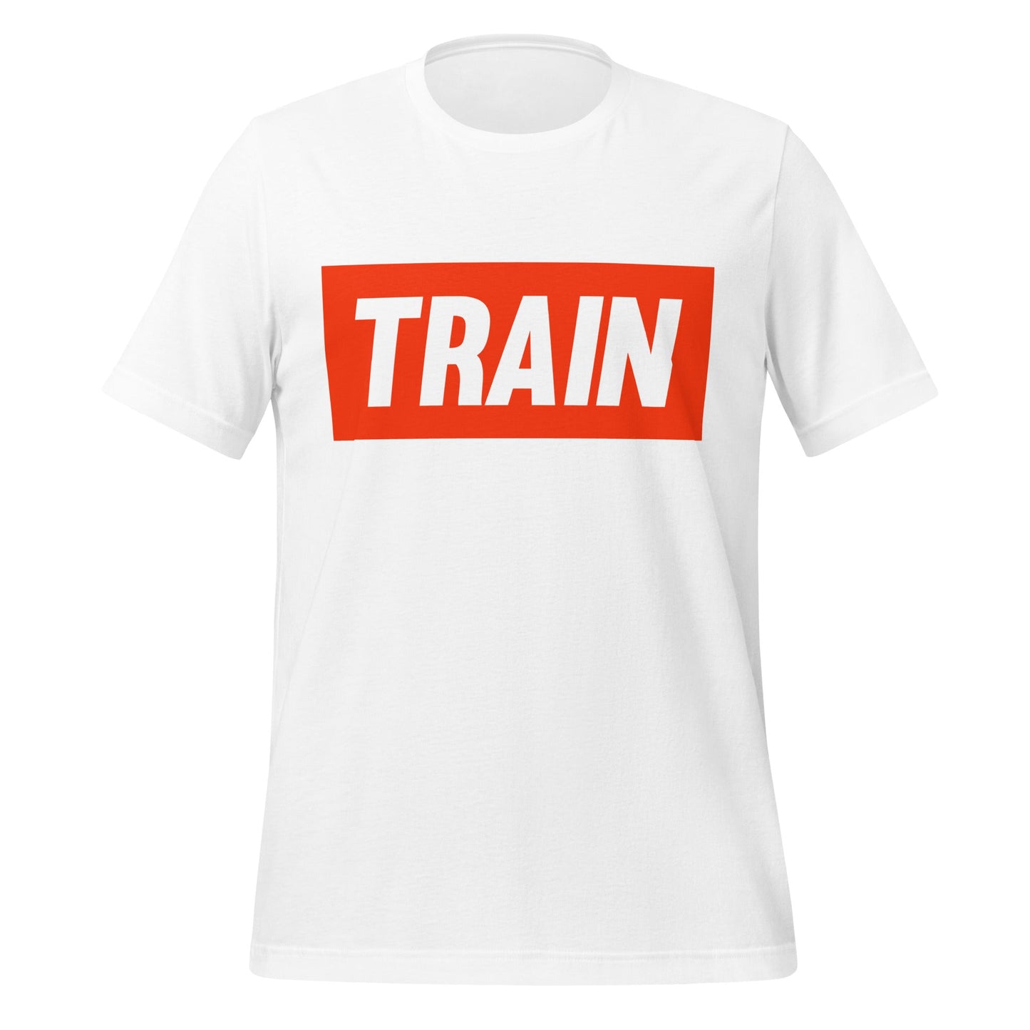 Product mockup photo of the TRAIN T Shirt (unisex) White / M.