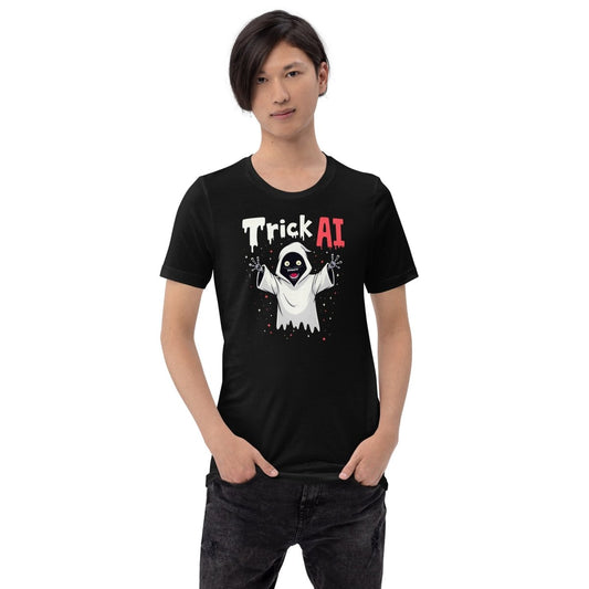 Product mockup photo of the Trick AI Ghost Robot T Shirt (unisex) 🎃.