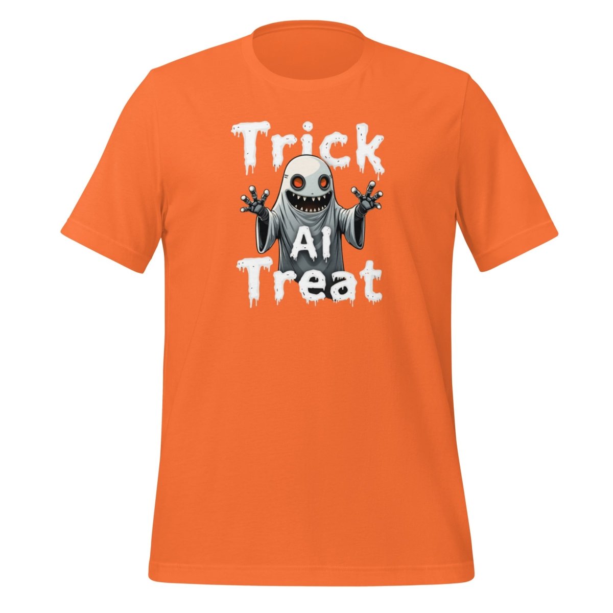Product mockup photo of the Trick AI Treat Ghost Robot T Shirt (unisex) 🎃 Orange / M.