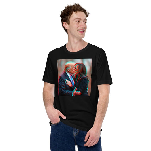 Product mockup photo of the Trump Kissing Kamala Stereoscopic 3D Effect T Shirt (unisex).