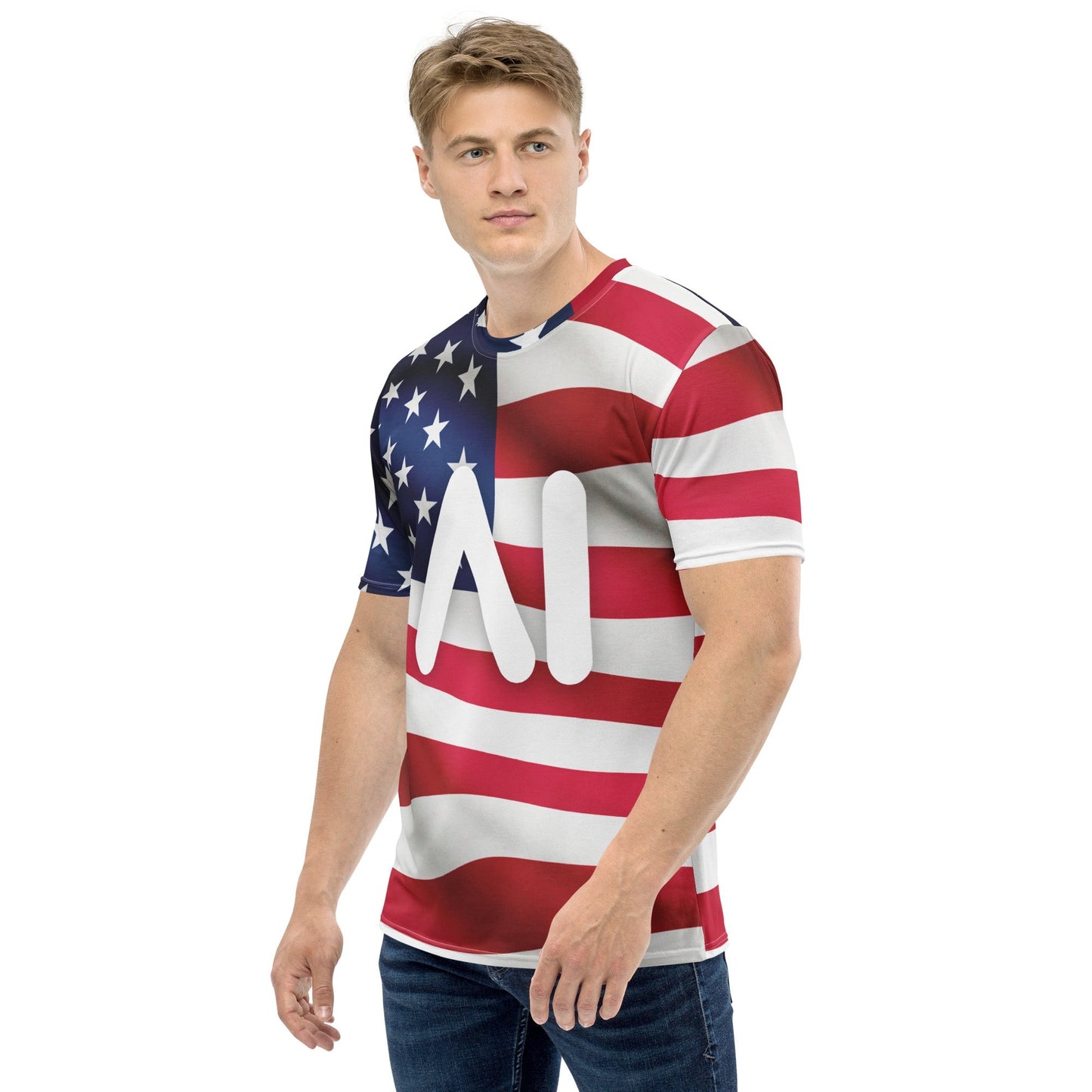 Product mockup photo of the USA AI Logo T Shirt (men).