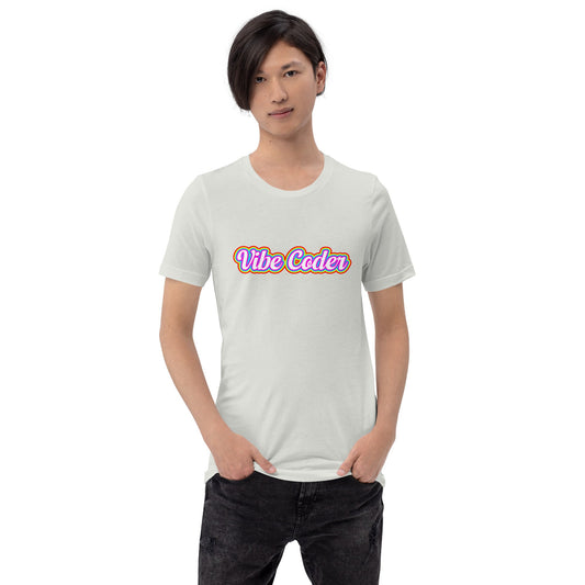 Product mockup photo of the Vibe Coder Rainbow T Shirt (unisex).