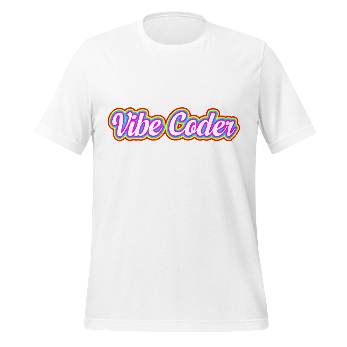 Product mockup photo of the Vibe Coder Rainbow T Shirt (unisex) White / M.
