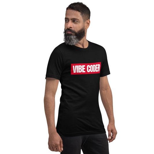 Product mockup photo of the VIBE CODER Sign T Shirt (unisex).