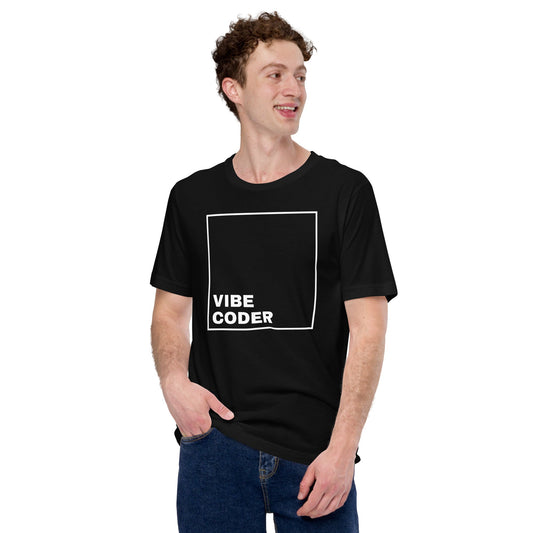 Product mockup photo of the VIBE CODER T Shirt (unisex).
