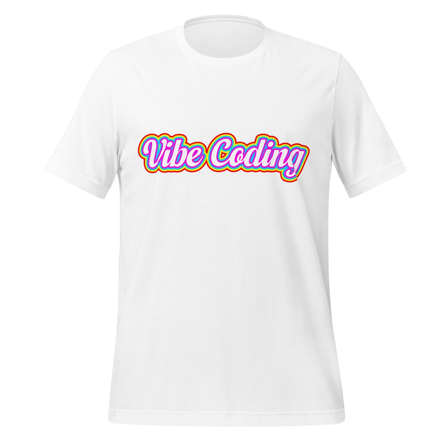 Product mockup photo of the Vibe Coding Rainbow T Shirt (unisex) White / M.