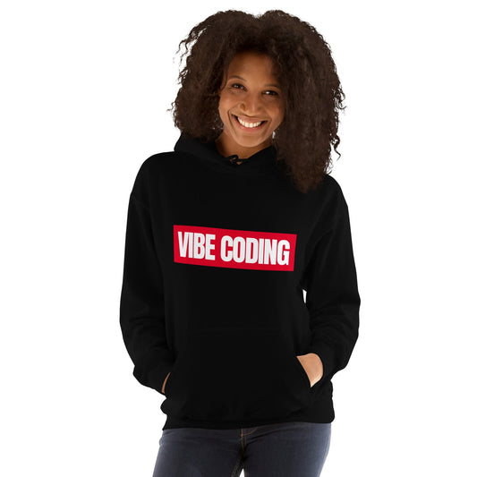 Product mockup photo of the VIBE CODING Sign Hoodie (unisex).