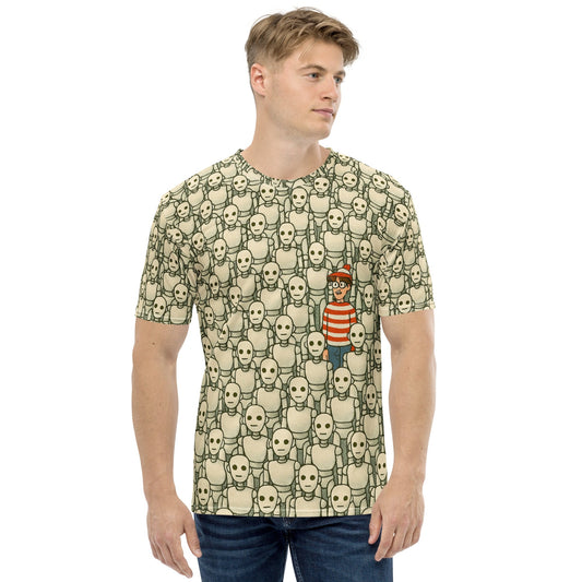 Product mockup photo of the Waldo/Wally Can’t Hide Among Robots T Shirt (men).