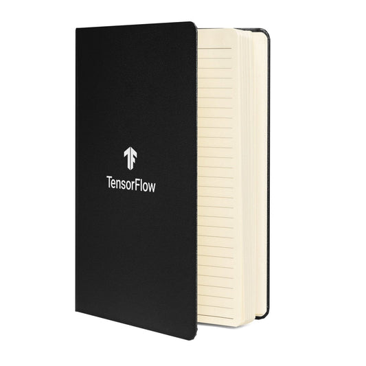 Product mockup photo of the White Stacked TensorFlow 2 Logo Hardcover Bound Notebook.