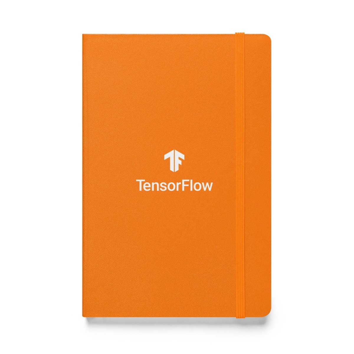 Product mockup photo of the White Stacked TensorFlow 2 Logo Hardcover Bound Notebook Orange.