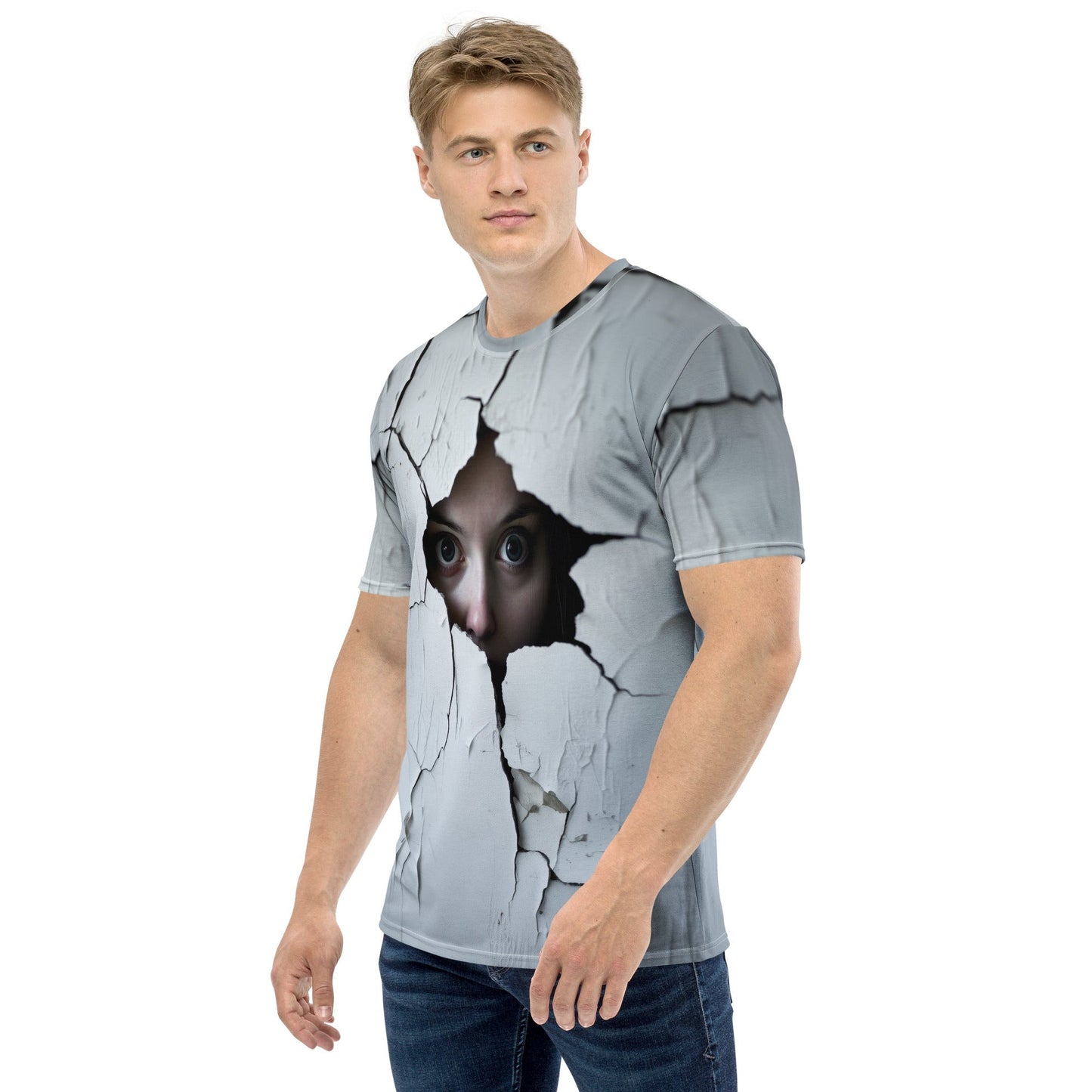 Product mockup photo of the Woman Spying on You T Shirt 2 (men).