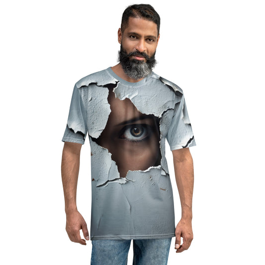 Product mockup photo of the Woman Spying on You T Shirt (men).