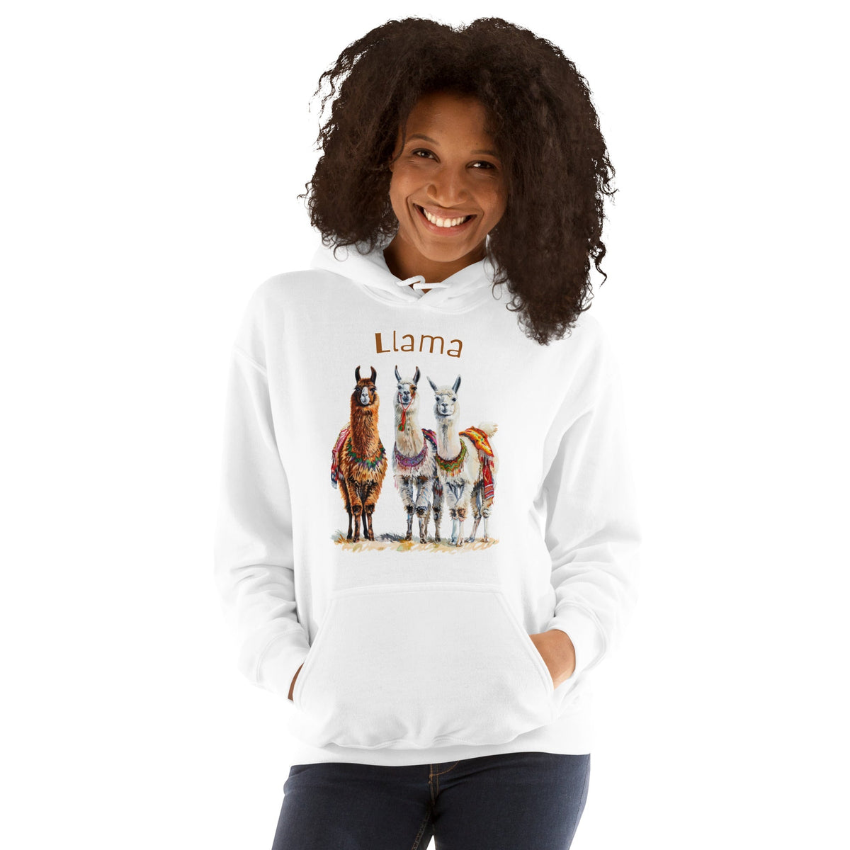 Product mockup photo of the 3 Llama Llamas Hoodie (unisex).