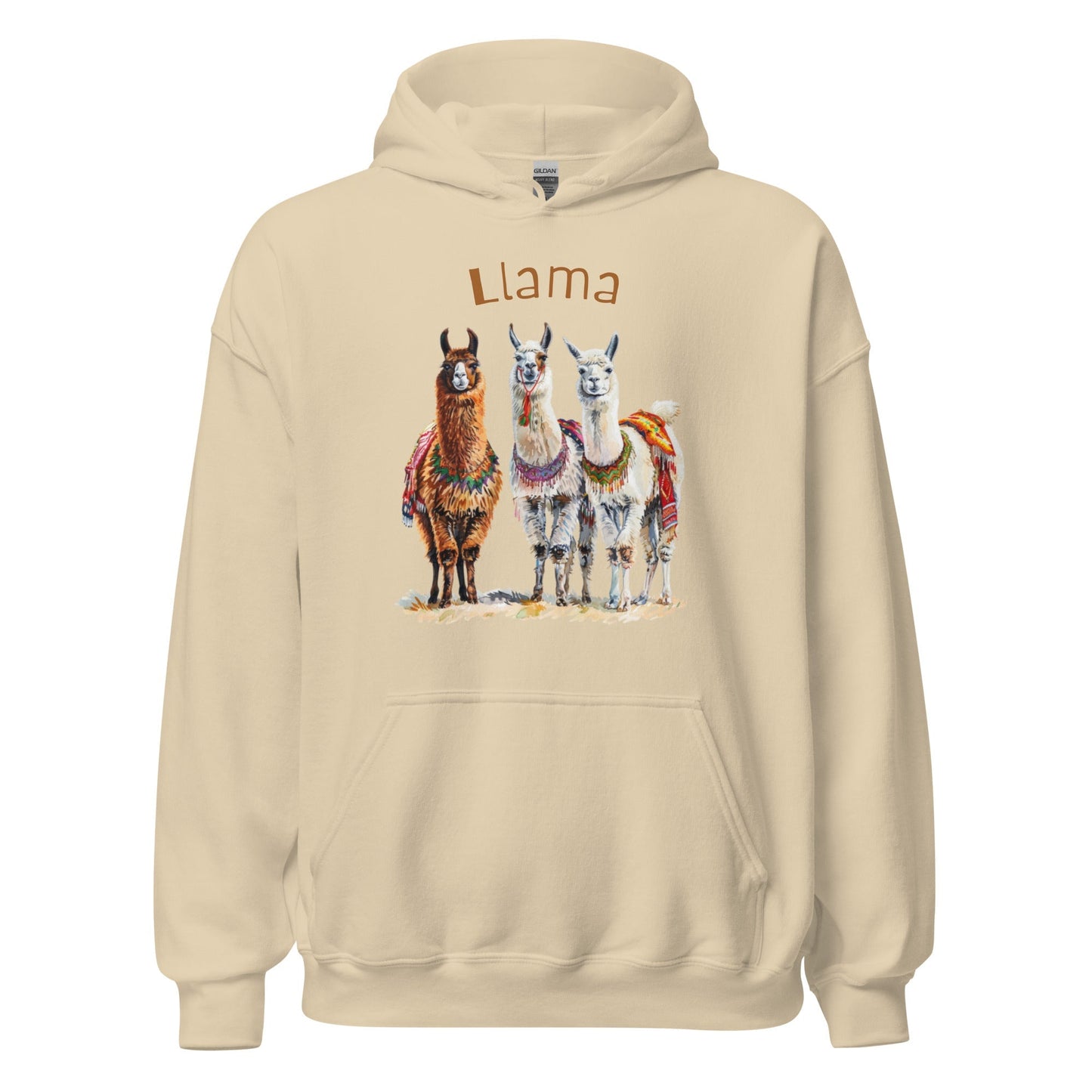 Product mockup photo of the 3 Llama Llamas Hoodie (unisex) Sand / M.