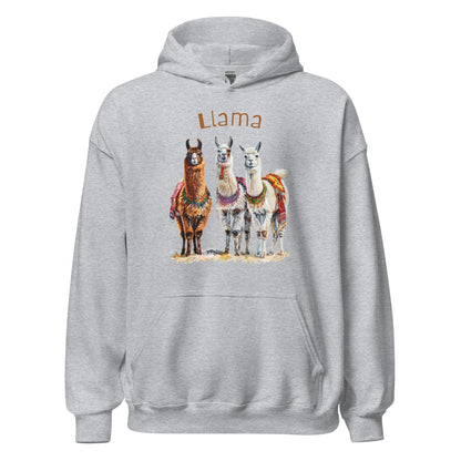 Product mockup photo of the 3 Llama Llamas Hoodie (unisex) Sport Grey / M.