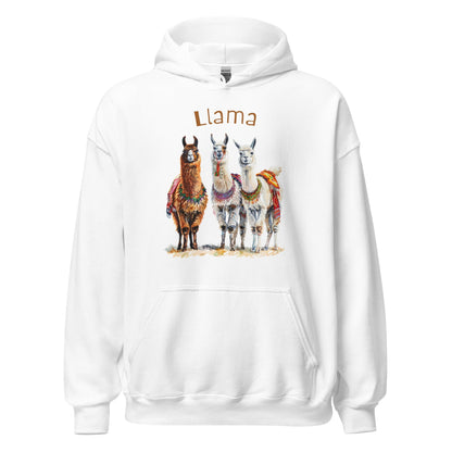 Product mockup photo of the 3 Llama Llamas Hoodie (unisex) White / M.