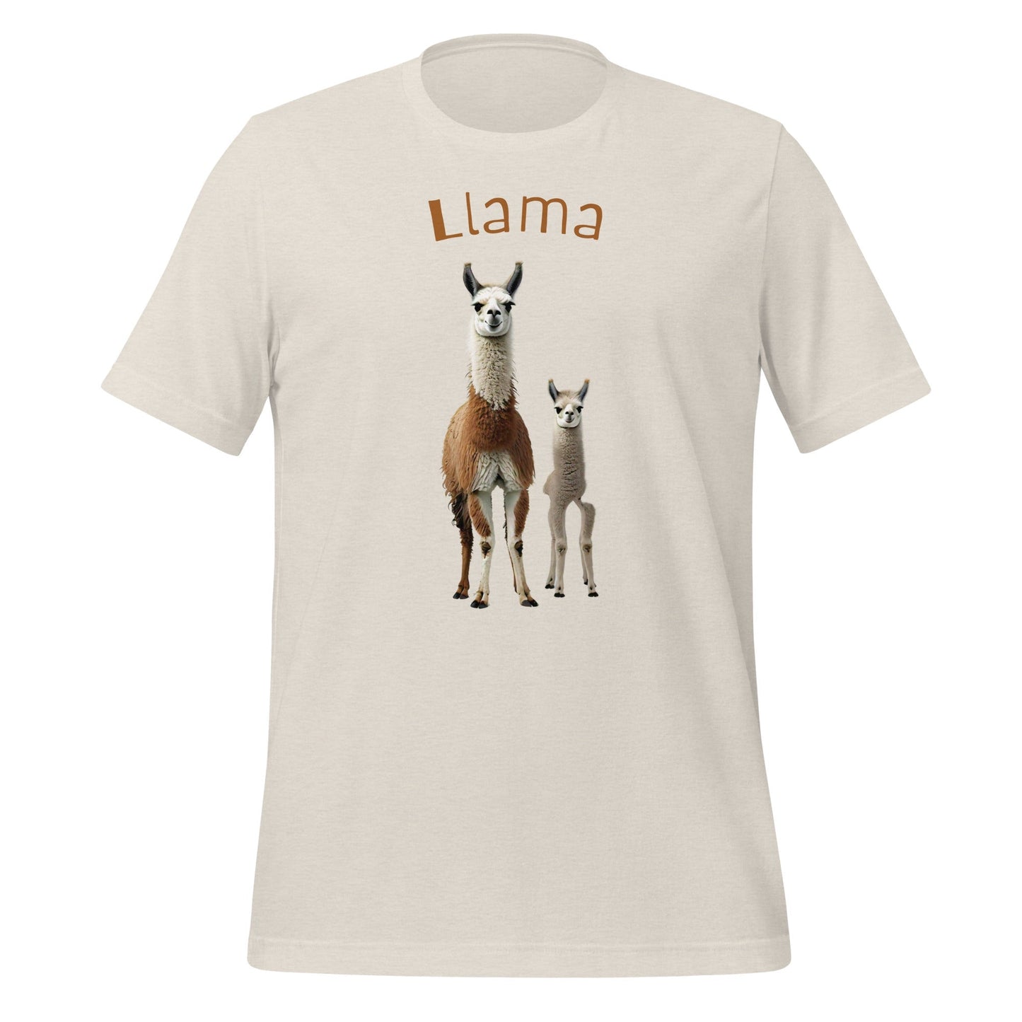 Mockup image of the 3 Llamas by Llama 3 T-Shirt (unisex) Heather Dust / M.