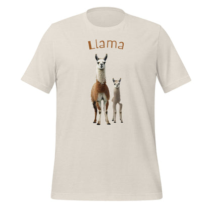 Mockup image of the 3 Llamas by Llama 3 T-Shirt (unisex) Heather Dust / M.