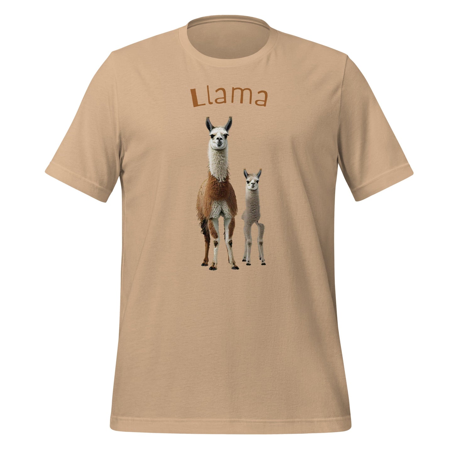 Mockup image of the 3 Llamas by Llama 3 T-Shirt (unisex) Tan / M.