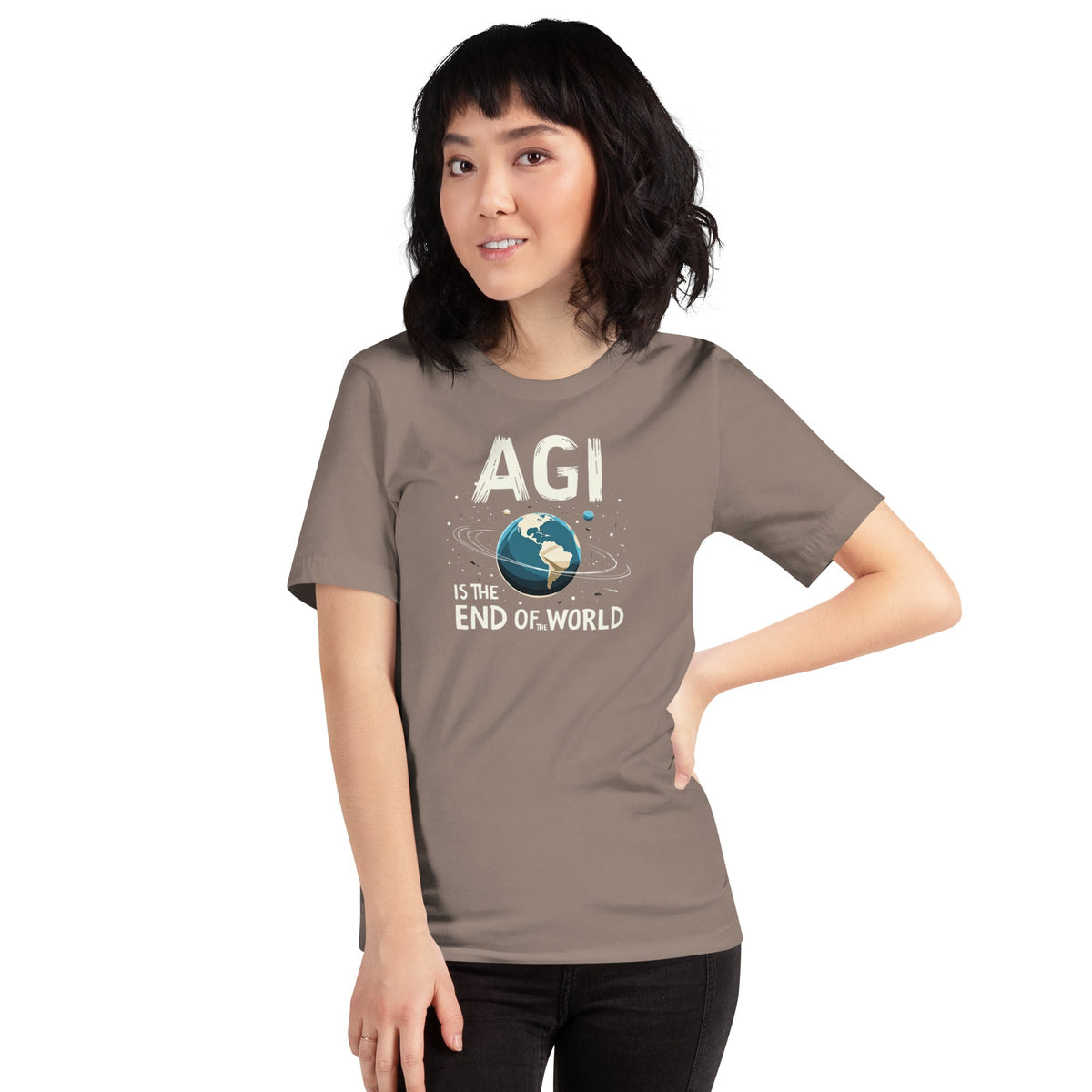 Product mockup photo of the AGI is the End of the World T Shirt (unisex).