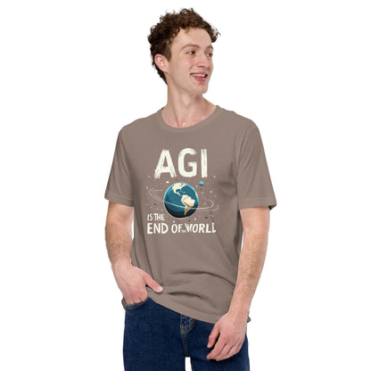 Product mockup photo of the AGI is the End of the World T Shirt (unisex).