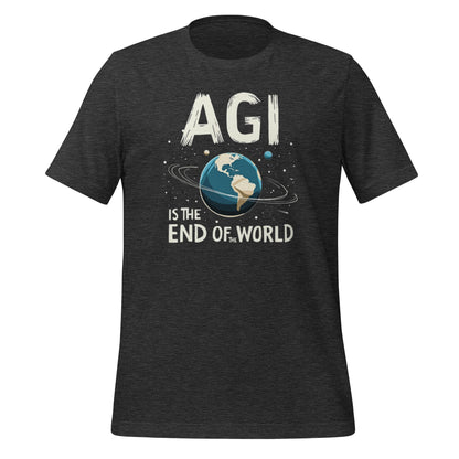 Product mockup photo of the AGI is the End of the World T Shirt (unisex) Dark Grey Heather / M.