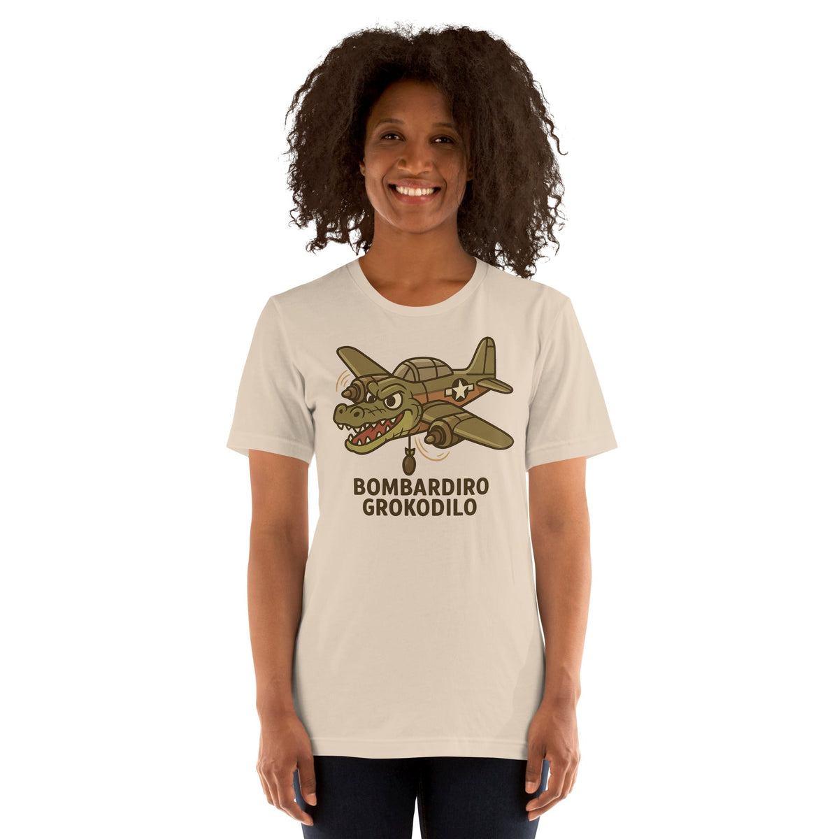 Image of the AI Brainrot Character BOMBARDIRO GROKODILO T-Shirt (unisex).