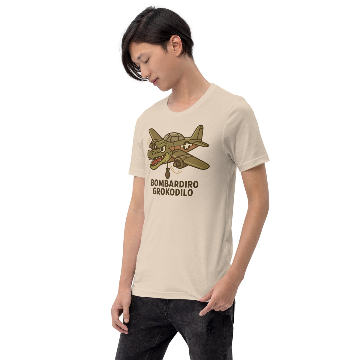 Image of the AI Brainrot Character BOMBARDIRO GROKODILO T-Shirt (unisex).