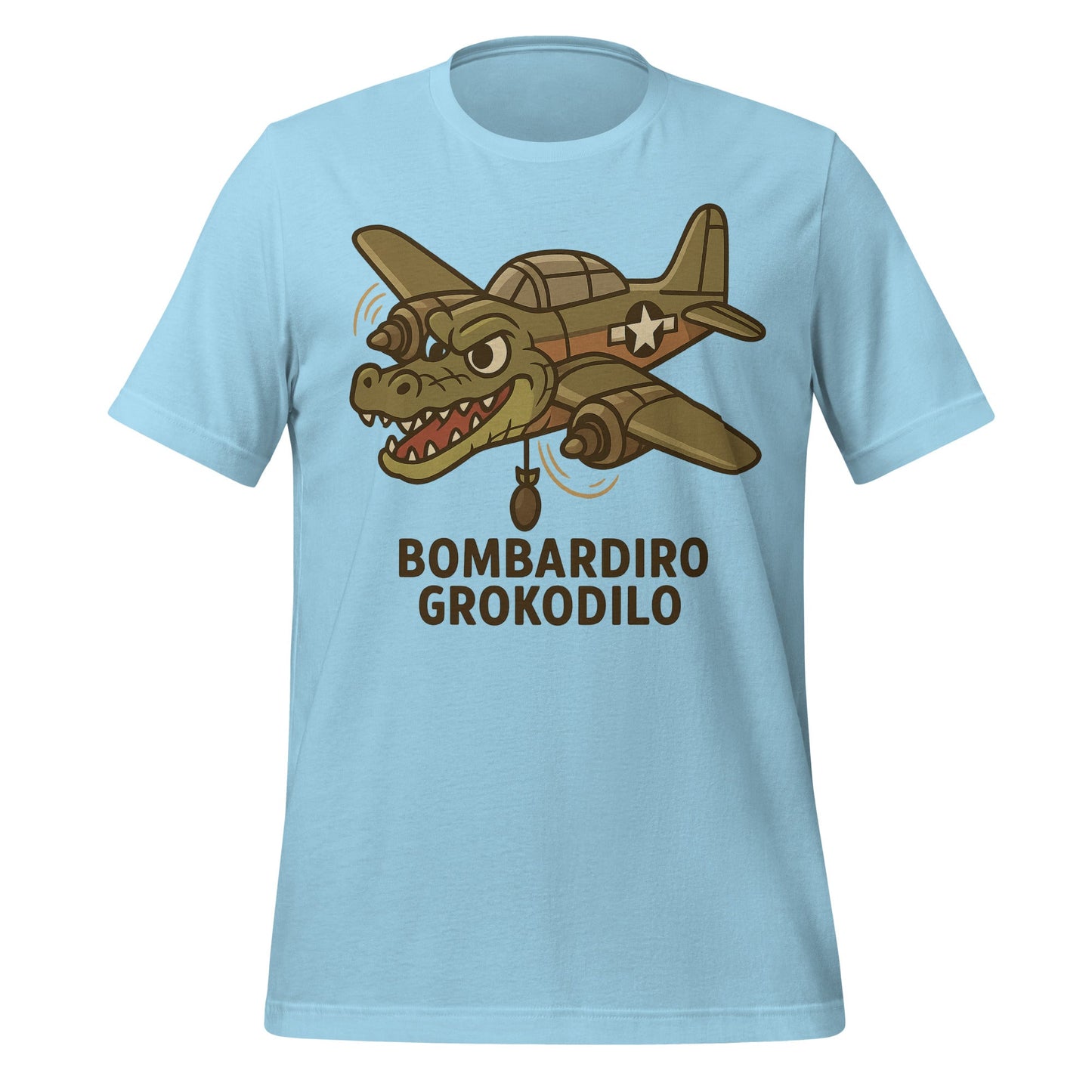 Image of the AI Brainrot Character BOMBARDIRO GROKODILO T-Shirt (unisex) Ocean Blue / M.