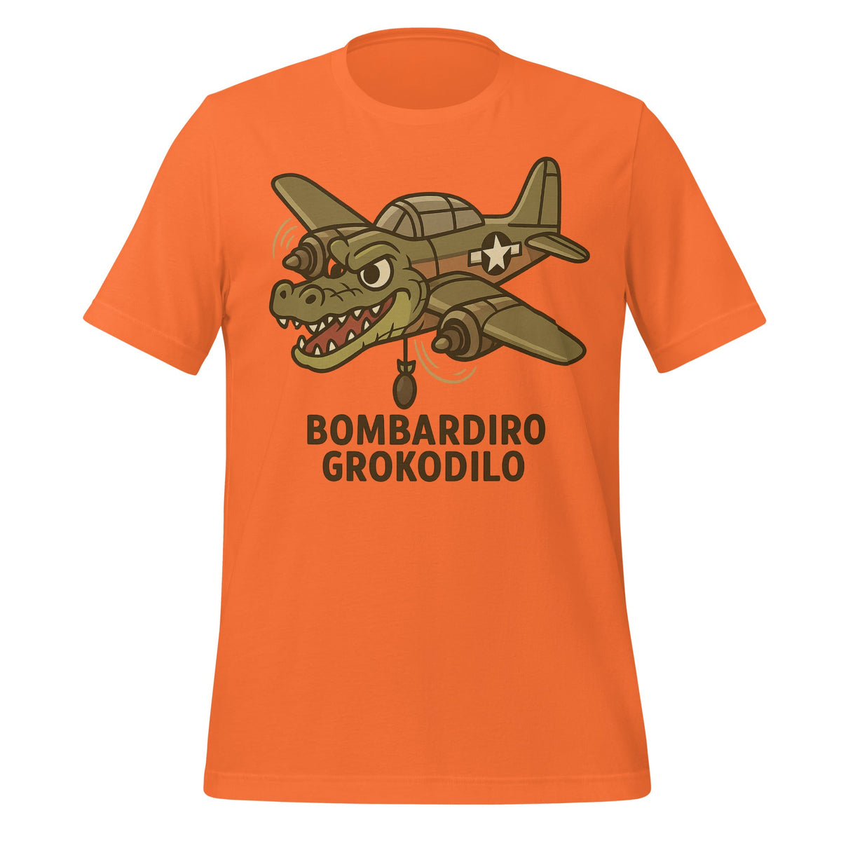 Image of the AI Brainrot Character BOMBARDIRO GROKODILO T-Shirt (unisex) Orange / M.