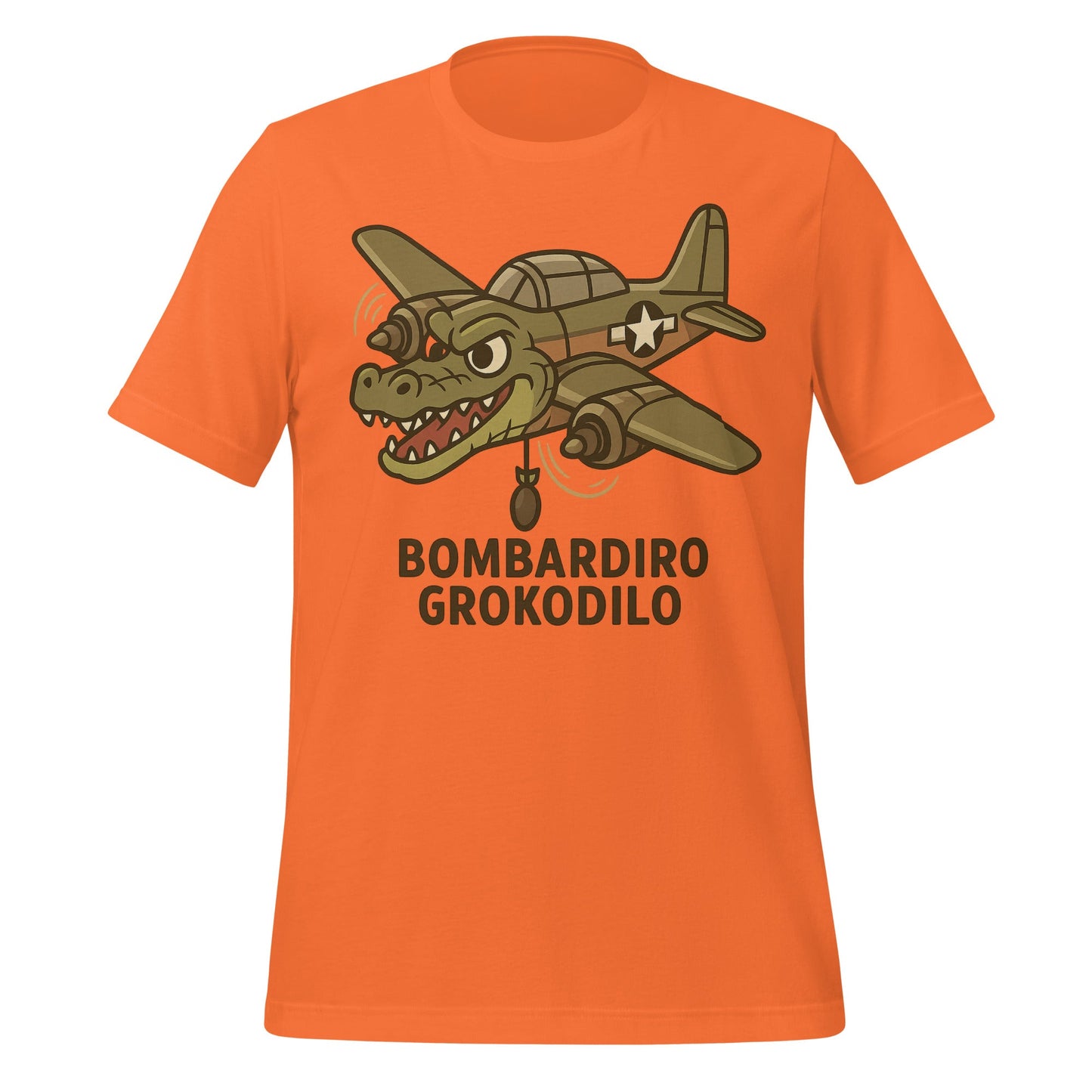 Image of the AI Brainrot Character BOMBARDIRO GROKODILO T-Shirt (unisex) Orange / M.