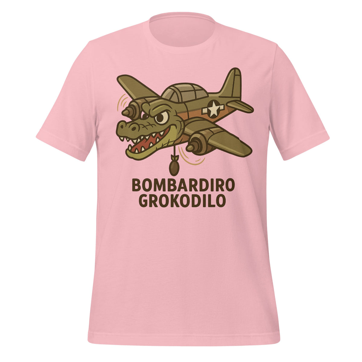 Image of the AI Brainrot Character BOMBARDIRO GROKODILO T-Shirt (unisex) Pink / M.