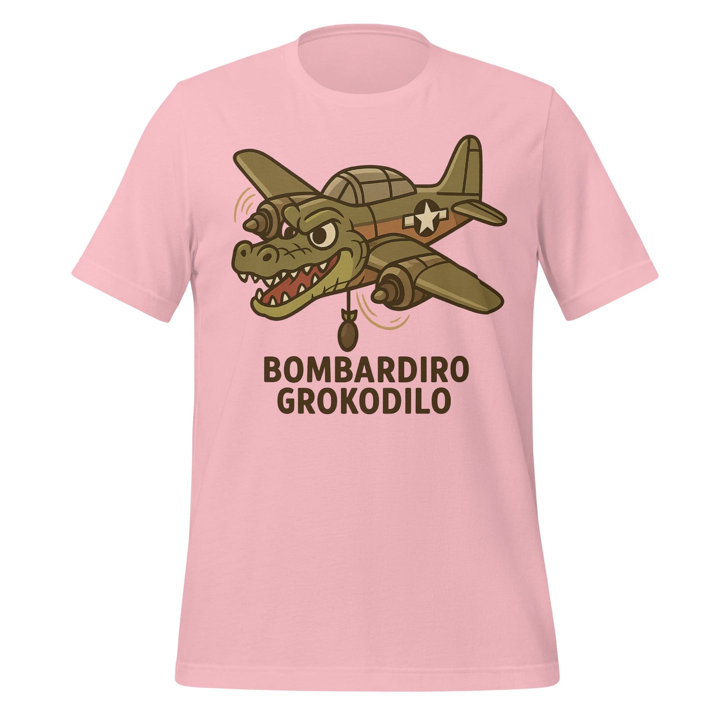 Image of the AI Brainrot Character BOMBARDIRO GROKODILO T-Shirt (unisex) Pink / M.