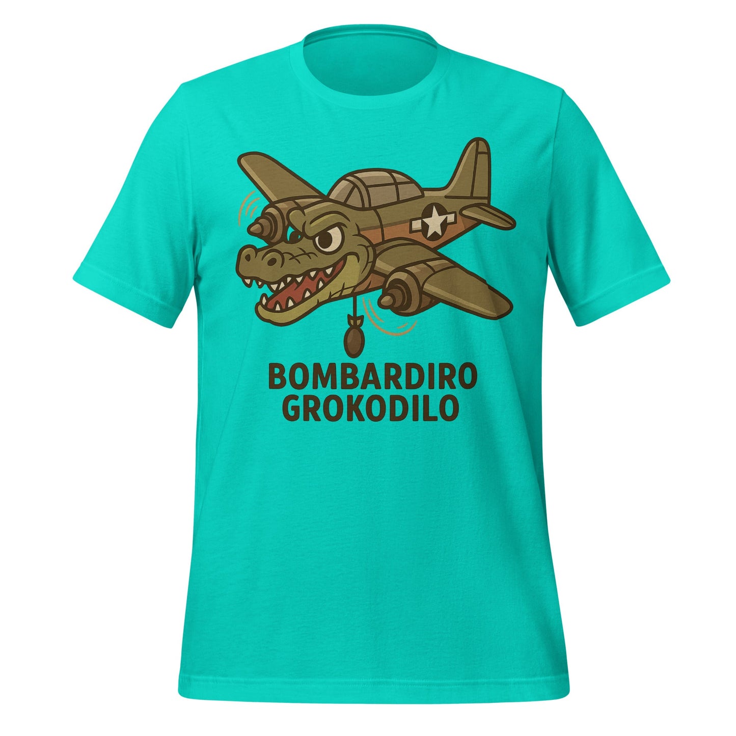 Image of the AI Brainrot Character BOMBARDIRO GROKODILO T-Shirt (unisex) Teal / M.