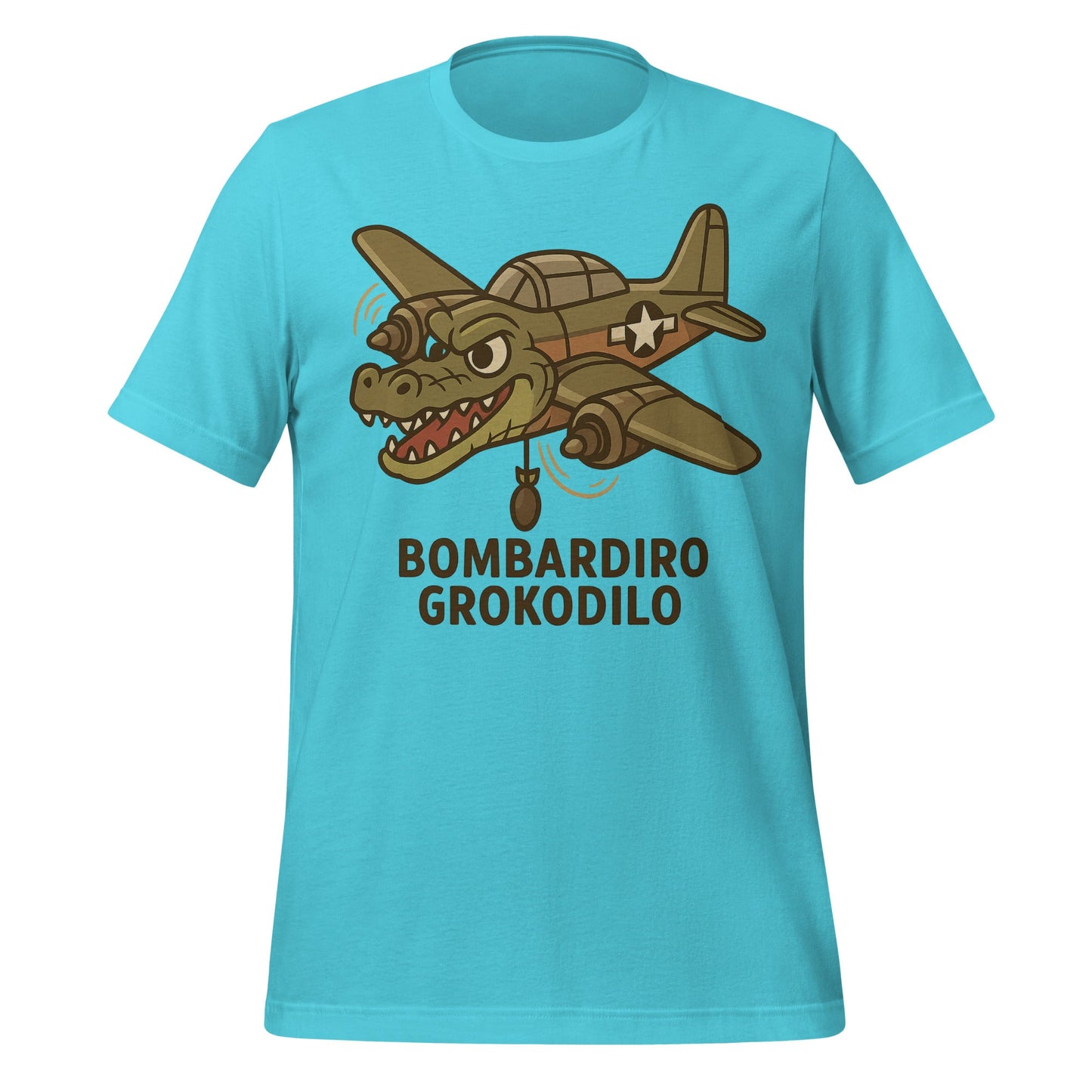 Image of the AI Brainrot Character BOMBARDIRO GROKODILO T-Shirt (unisex) Turquoise / M.