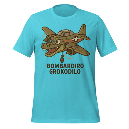 Image of the AI Brainrot Character BOMBARDIRO GROKODILO T-Shirt (unisex) Turquoise / M.