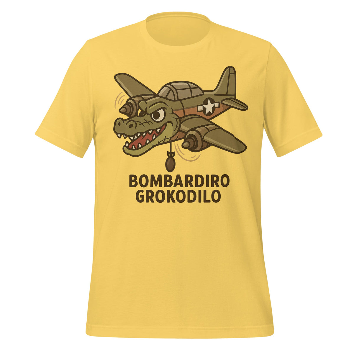 Image of the AI Brainrot Character BOMBARDIRO GROKODILO T-Shirt (unisex) Yellow / M.