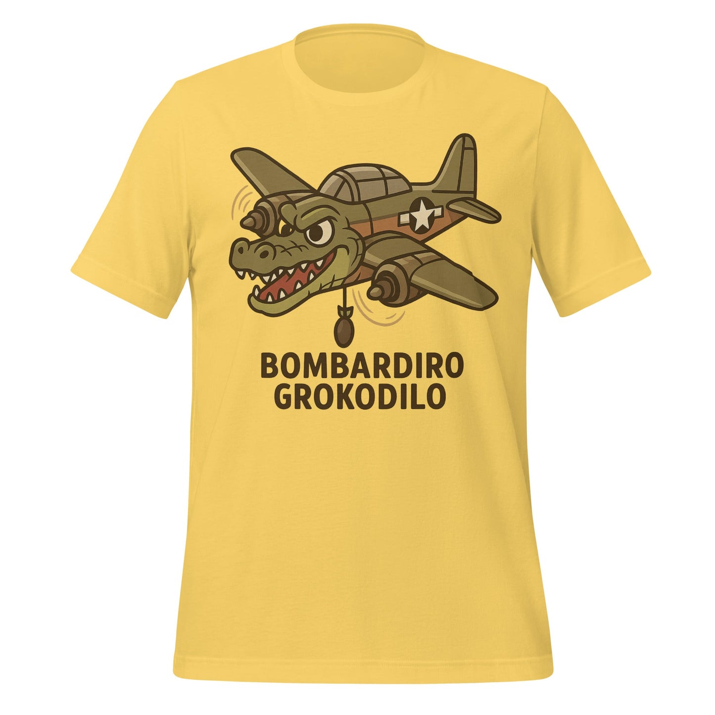 Image of the AI Brainrot Character BOMBARDIRO GROKODILO T-Shirt (unisex) Yellow / M.