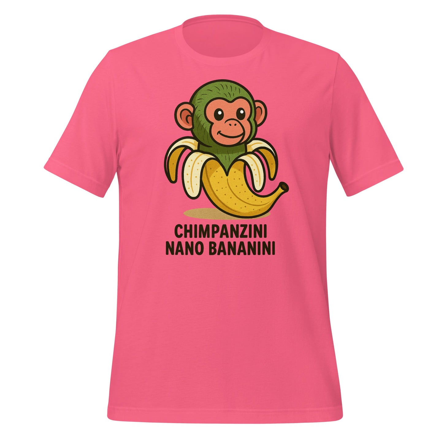 Image of the AI Brainrot Character CHIMPANZINI NANO BANANINI T-Shirt (unisex) Charity Pink / M.