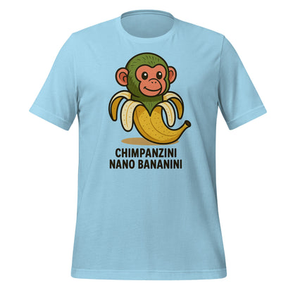 Image of the AI Brainrot Character CHIMPANZINI NANO BANANINI T-Shirt (unisex) Ocean Blue / M.