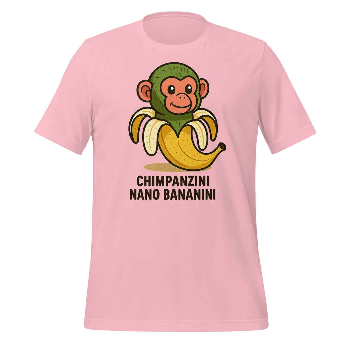 Image of the AI Brainrot Character CHIMPANZINI NANO BANANINI T-Shirt (unisex) Pink / M.
