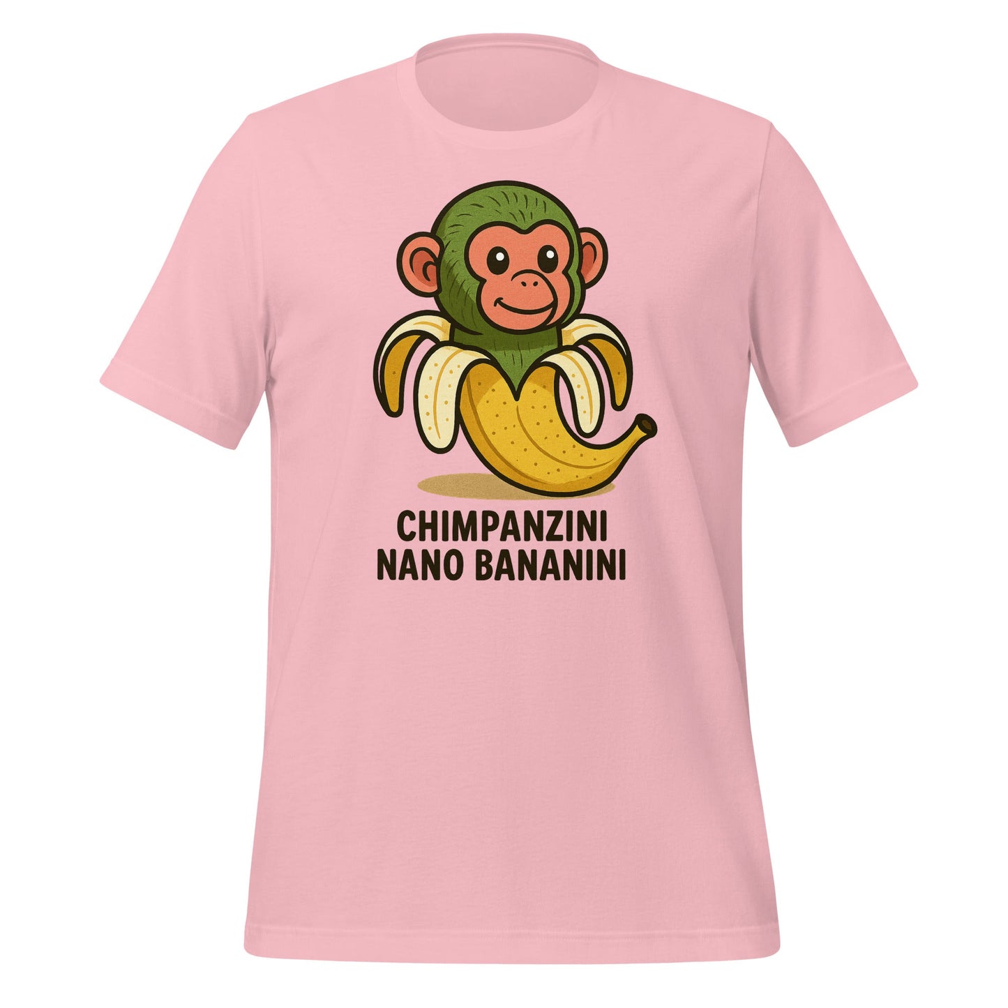 Image of the AI Brainrot Character CHIMPANZINI NANO BANANINI T-Shirt (unisex) Pink / M.