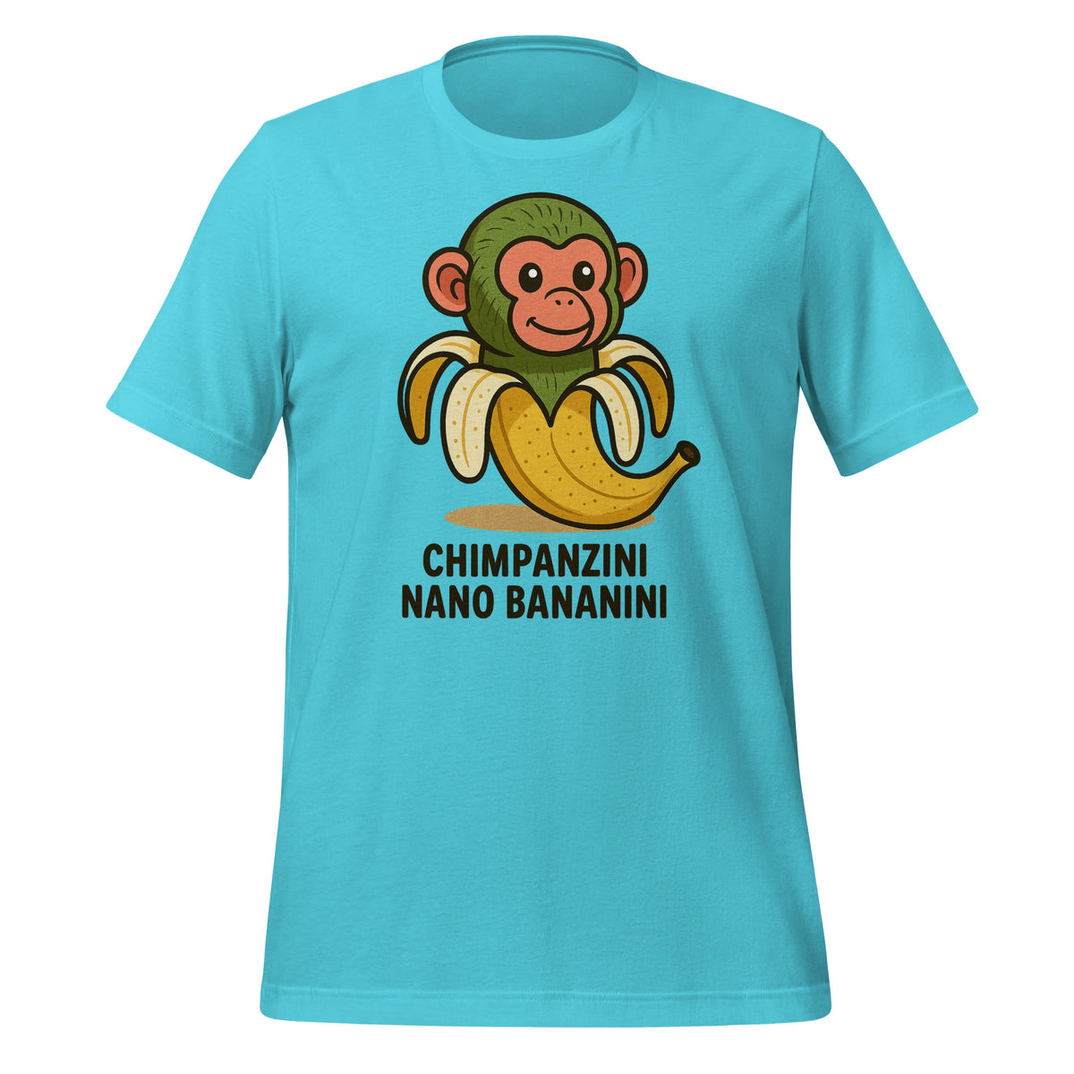 Image of the AI Brainrot Character CHIMPANZINI NANO BANANINI T-Shirt (unisex) Turquoise / M.