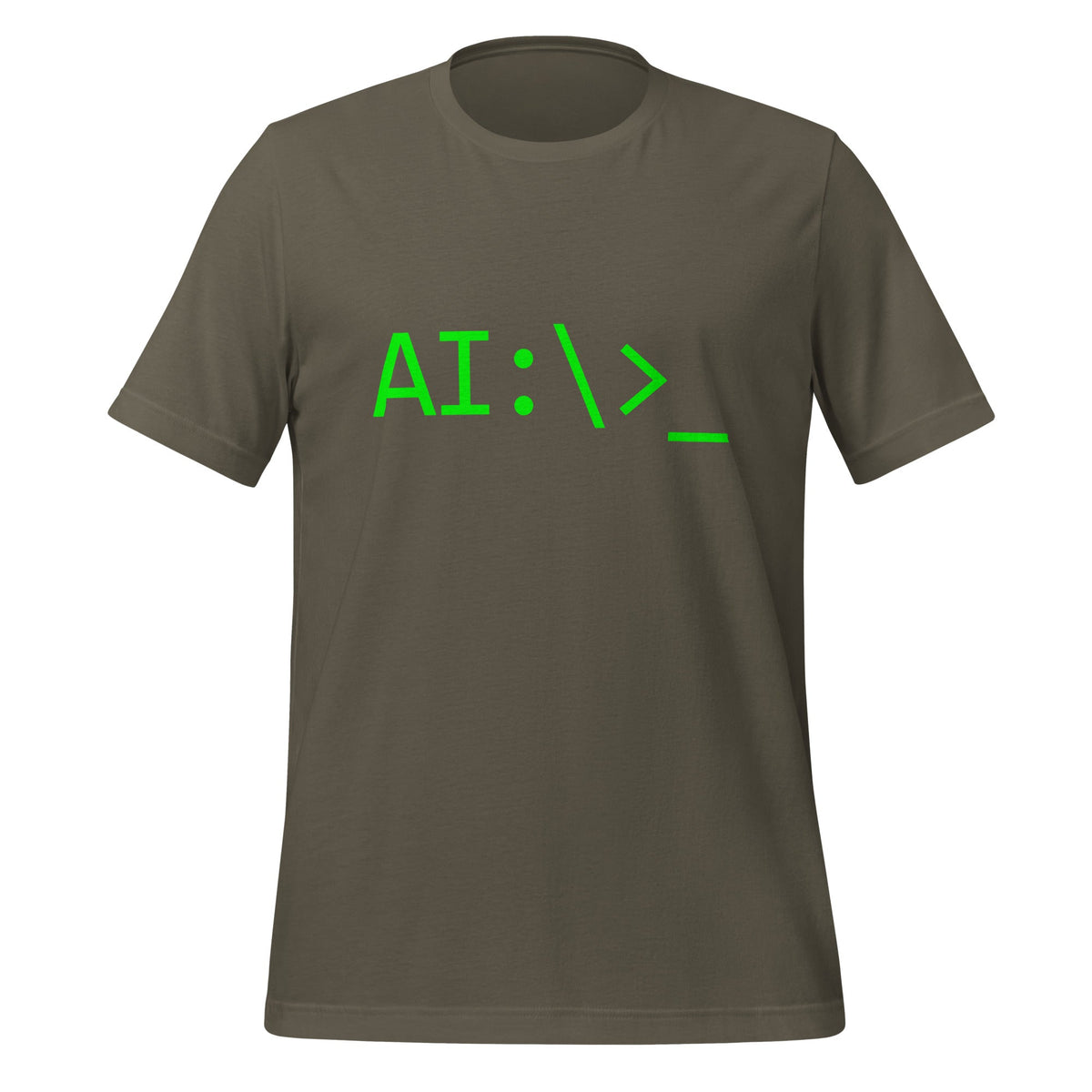 Product mockup photo of the AI Command Prompt T Shirt (unisex) Army / M.
