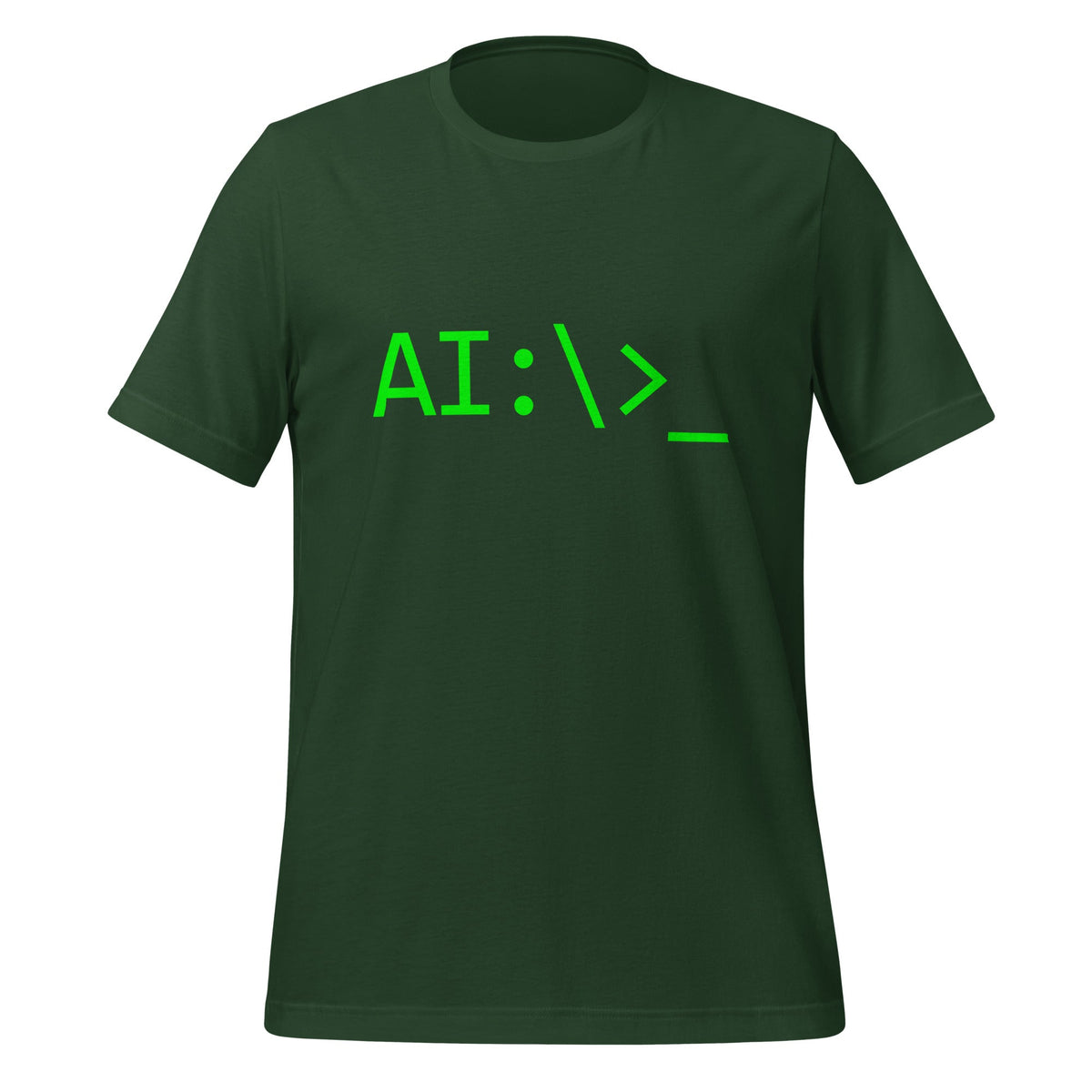 Product mockup photo of the AI Command Prompt T Shirt (unisex) Forest / M.