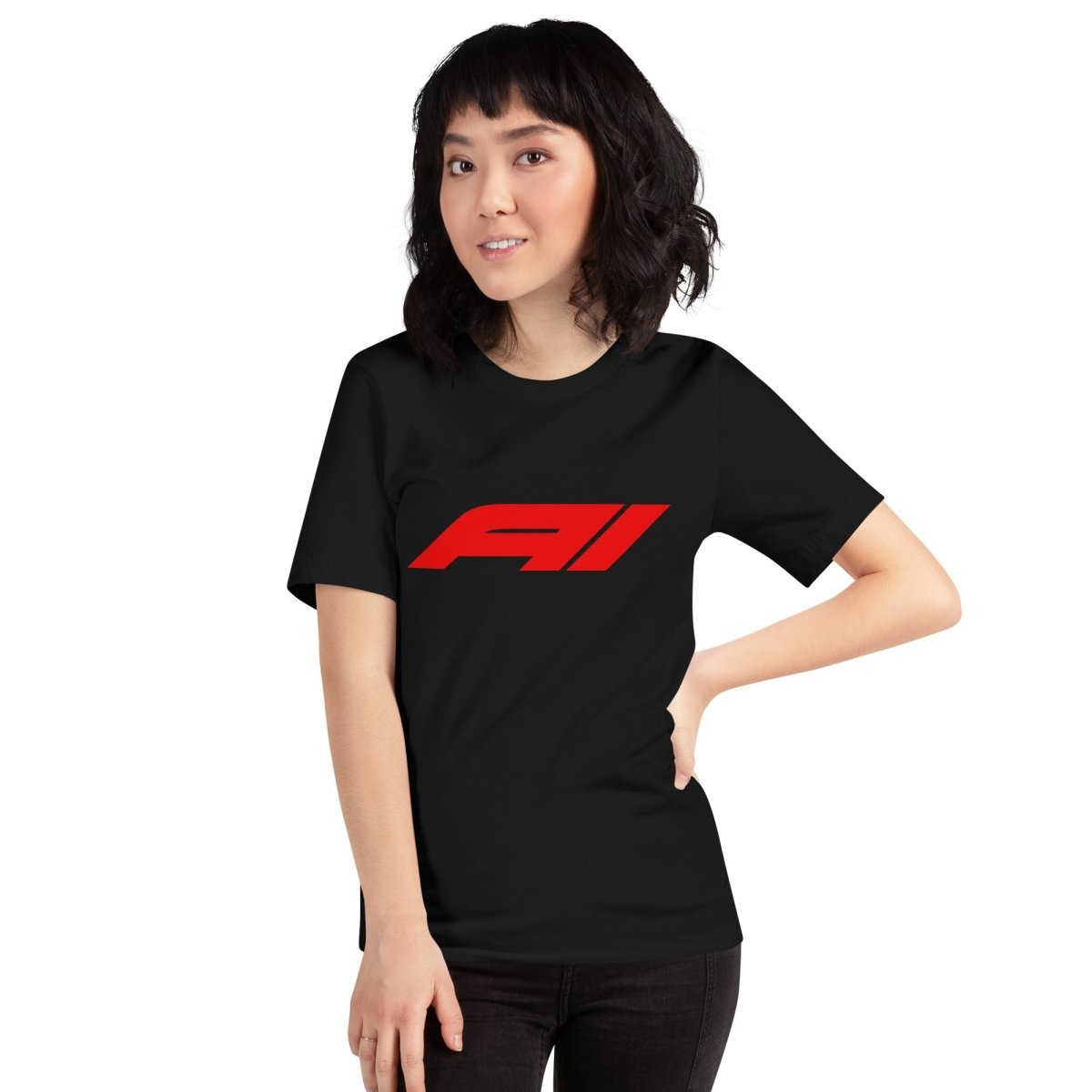 Product mockup photo of the AI for Racing Fans T Shirt (unisex).